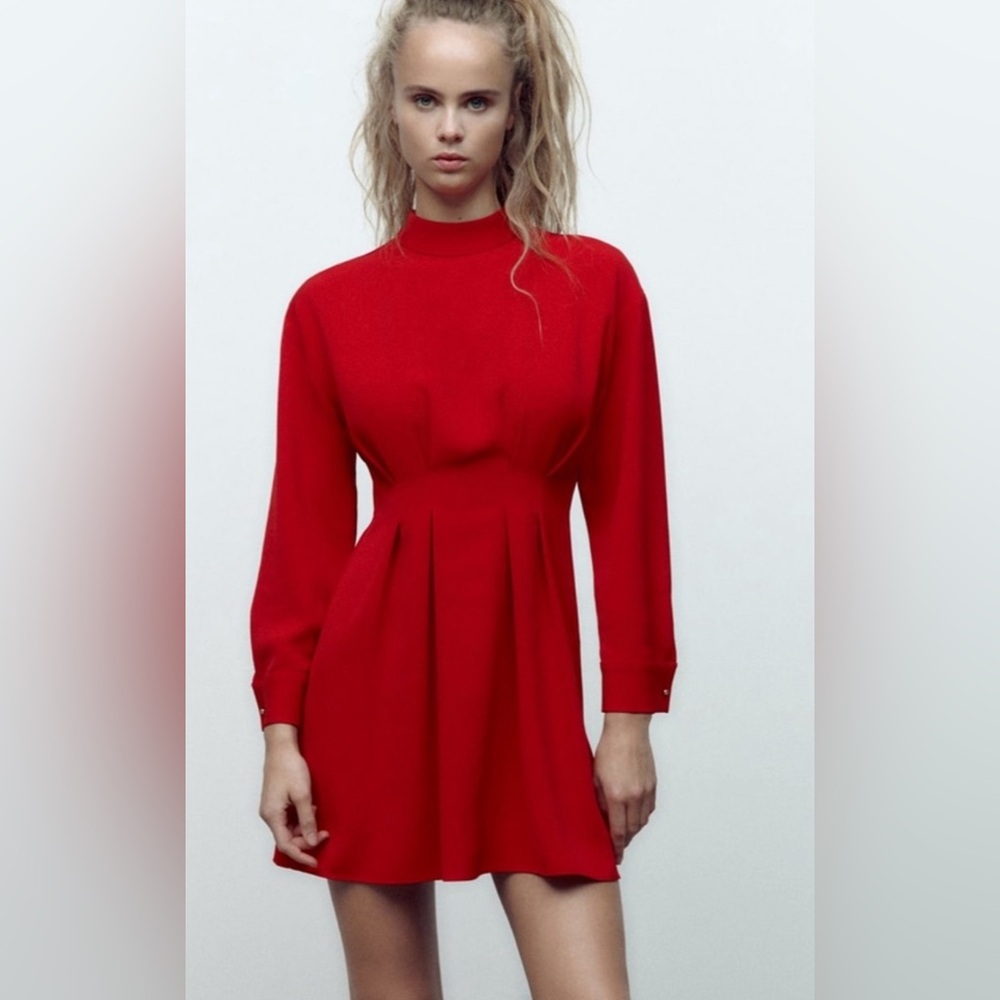 Zara Red Pleated Mock Neck Long Sleeve Mini Dress Sz S